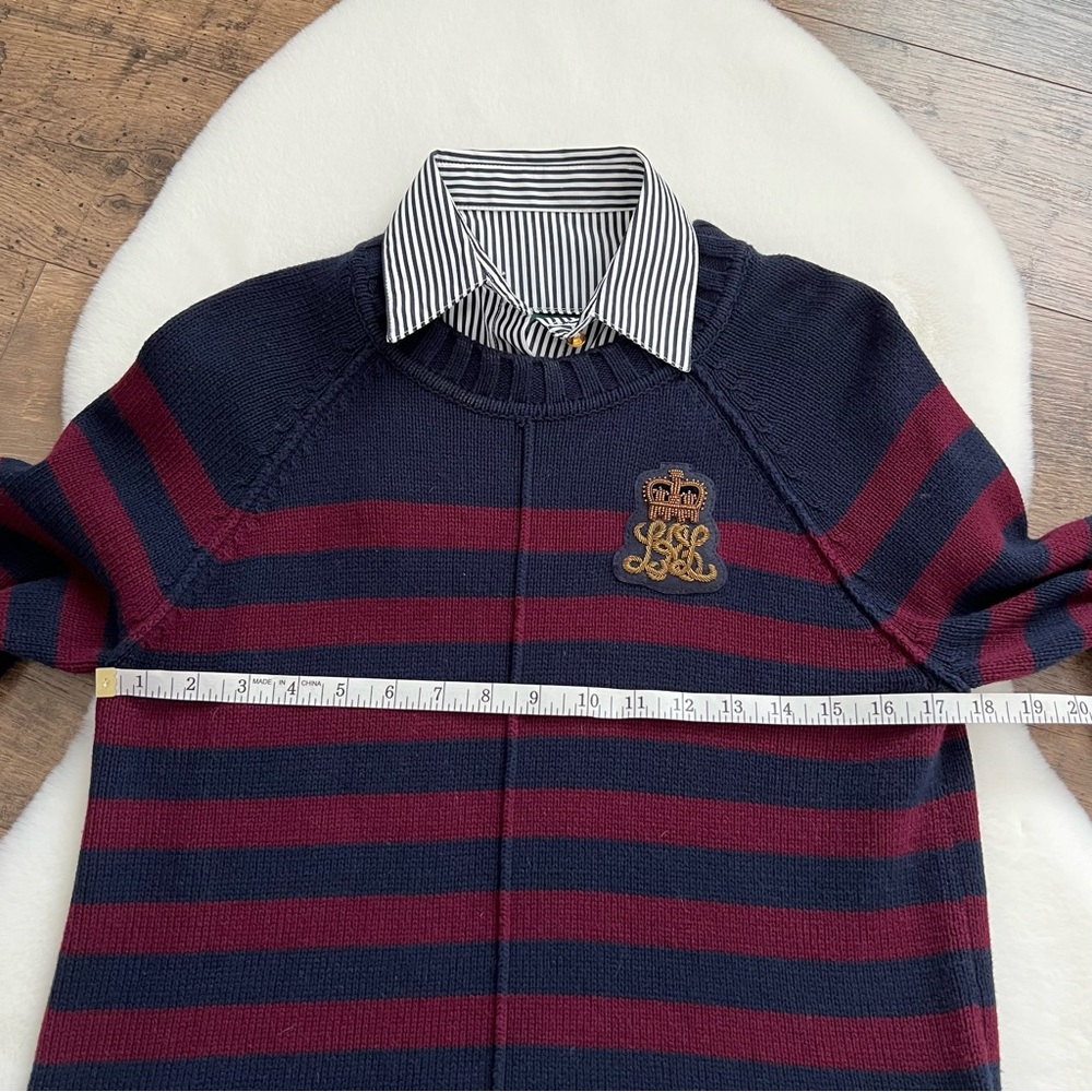 Lauren Ralph Lauren Bullion Crest Faux Layered Sweater Navy Red Stripe Medium - Picture 15 of 17